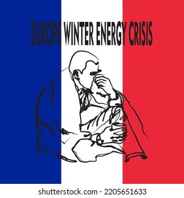 Hand drawn illustration of a cold person on a France flag background, with the inscription winter european energy crisis. perfect for posters