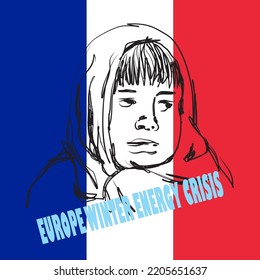 Hand drawn illustration of a cold person on a France flag background, with the inscription winter european energy crisis. perfect for posters