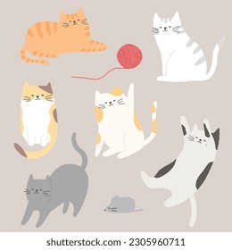 Hand drawn illustration collection of cute cats in various poses.