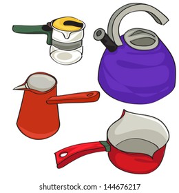 Hand drawn illustration of a collection of kitchen kettles, group of colored objects isolated on white