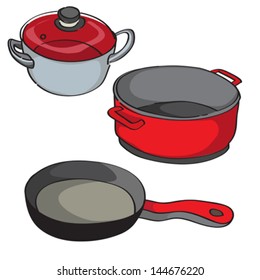 Hand drawn illustration of a collection of kitchen pans isolated on white