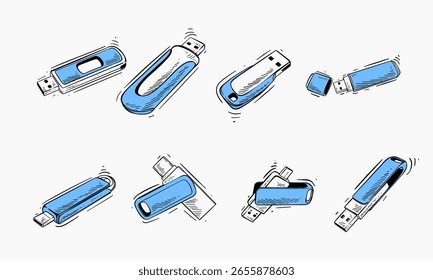 coleção de ilustrações desenhadas à mão de drives flash USB vermelhos em várias posições e orientações.