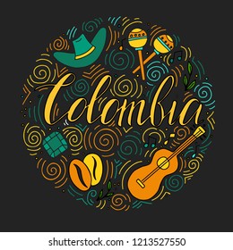 The hand drawn illustration of Colombian symbols with lettering elements. It can be used as a background, souvenir products, post card and banner. 