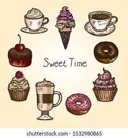 Hand drawn illustration of color cakes, donuts, coffee, cappuchino and ice cream.