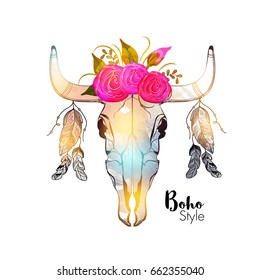 Hand drawn illustration of colorful bull's head with beautiful flowers and ethnic feathers.