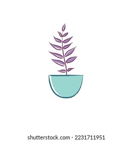 Hand drawn Illustration of colorful house plant on clay pot. Cute children art. Cartoon style hand drawn decorative, indoor, green, houseplant  for poster icon