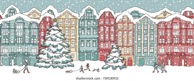 Hand drawn illustration of colorful houses in winter at Christmas time, seamless banner that can be tiled horizontally