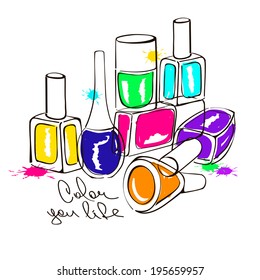 Hand drawn illustration with colorful nail polish bottles