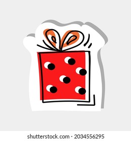 Hand drawn illustration with colorful orange gift decorated for Christmas for sticker, print, poster, card design. Vector illustration with an offset outline.