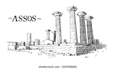 Dibujo a mano de columnas de las ruinas históricas de Assos. Técnica de dibujo o grabado de carbón vegetal.