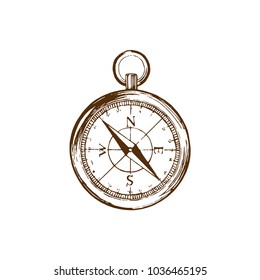 Hand drawn illustration of compass in vector. Used for travel poster, card, touristic emblem design etc.