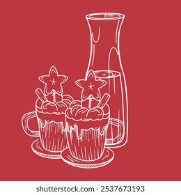 Ilustração desenhada à mão de uma composição de gemada cozida e vertida em copos de vidro decorados com estrelas em varas e em uma jarra de vidro no estilo de esboço. Posts de design, livretos, banners, brochuras.