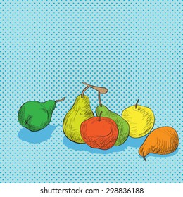 Hand drawn illustration of a composition with fruits, apples and pears over a Pop Art background with dots