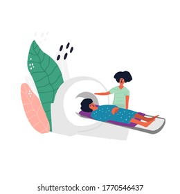 Hand drawn illustration of computed tomography scan. The nurse helps the patient