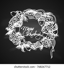 Hand Drawn Illustration with Conifers Sketch. Vintage Design for Christmas Card or Invitation on Chalkboard