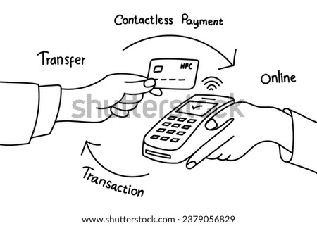 hand drawn illustration of contactless payment transaction using credit card outline vector