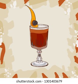 Hand drawn illustration of Contemporary Classics Blood Sand cocktail with orange twist garnish. Sketch vector set