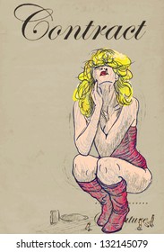 An hand drawn illustration (converted into vector) of young blond woman in sexy lingerie. She smoking and provokes exhibition visitors. /// Vector is editable in 6 layers.