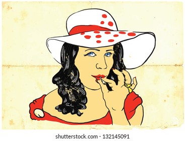 An hand drawn illustration (converted into vector) of young lady from the higher social strata rest coyly smokes marijuana joint. /// Vector is editable in 6 layers