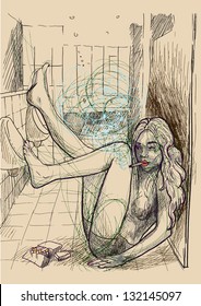 An hand drawn illustration (converted into vector) of young woman in underwear in the men's toilet, leaning feet on urinal and smokes a cigarette. /// Vector is editable in 9 layers.