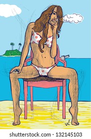 An hand drawn illustration (converted into vector) of young woman smoking a cigarette on the chair. /// Vector is editable in 6 layers.