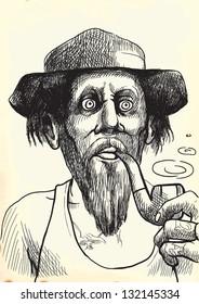 An hand drawn illustration (converted into vector) of tough guy in a hat smoking a pipe and makes the puffs of smoke. /// Vector is editable in 6 layers.