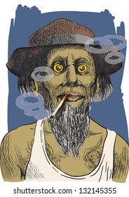 An hand drawn illustration (converted into vector) of tough guy in a hat smoking a strong cigarette. /// Vector is editable in 7 layers.