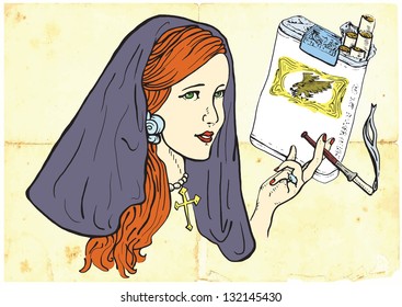 An hand drawn illustration (converted into vector) of young girl, like a nun, elegantly smoking a cigarette. (Note: the logo on cigarettes is fictional.) /// Vector is editable in 6 layers.