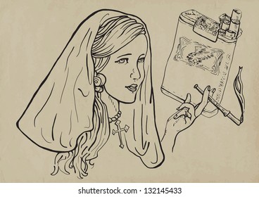 An hand drawn illustration (converted into vector) of young girl, like a nun, elegantly smoking a cigarette. (Note: the logo on cigarettes is fictional.) /// Vector is editable in 4 layers.