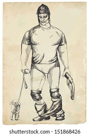 An hand drawn illustration converted into vector (original drawing, no tracing): Halloween theme with scary monster. Muscleman from the dead with a revolver and a small dog.