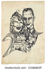 An hand drawn illustration converted into vector (original drawing, no tracing): Halloween theme with scary and cute monsters. Zombie lovers.