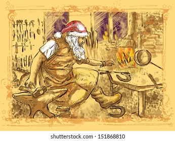 An hand drawn illustration converted into vector (original drawing, no tracing - color version): Christmas theme. Santa Claus in the smithy manufactures horseshoes (for his reindeer).