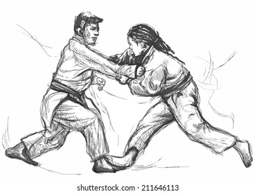 An hand drawn illustration (converted into vector) from series Martial Arts: JUDO. Judo is a modern martial art and combat sport created in Japan in 1882.