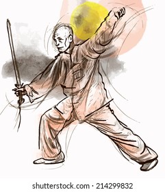 An hand drawn illustration (converted into vector) from series Martial Arts: TAIJI (Tai Chi). Is an internal Chinese martial art practiced for both its defense training and its health benefits.