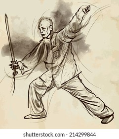 An hand drawn illustration (converted into vector) from series Martial Arts: TAIJI (Tai Chi). Is an internal Chinese martial art practiced for both its defense training and its health benefits.