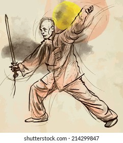 An hand drawn illustration (converted into vector) from series Martial Arts: TAIJI (Tai Chi). Is an internal Chinese martial art practiced for both its defense training and its health benefits.