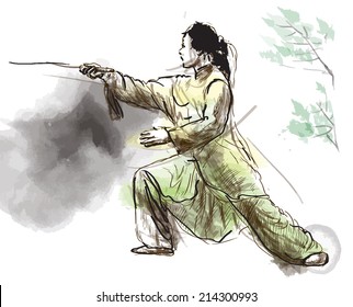 An hand drawn illustration (converted into vector) from series Martial Arts: TAIJI (Tai Chi). Is an internal Chinese martial art practiced for both its defense training and its health benefits.