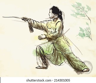 An hand drawn illustration (converted into vector) from series Martial Arts: TAIJI (Tai Chi). Is an internal Chinese martial art practiced for both its defense training and its health benefits.