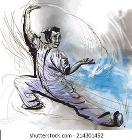 An hand drawn illustration (converted into vector) from series Martial Arts: TAIJI (Tai Chi). Is an internal Chinese martial art practiced for both its defense training and its health benefits.