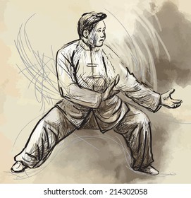 An hand drawn illustration (converted into vector) from series Martial Arts: TAIJI (Tai Chi). Is an internal Chinese martial art practiced for both its defense training and its health benefits.