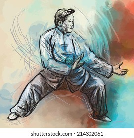 An hand drawn illustration (converted into vector) from series Martial Arts: TAIJI (Tai Chi). Is an internal Chinese martial art practiced for both its defense training and its health benefits.