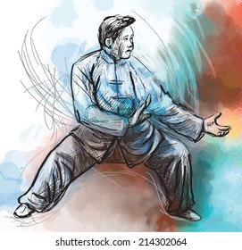 An hand drawn illustration (converted into vector) from series Martial Arts: TAIJI (Tai Chi). Is an internal Chinese martial art practiced for both its defense training and its health benefits.