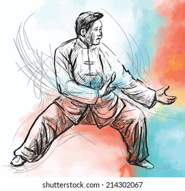 An hand drawn illustration (converted into vector) from series Martial Arts: TAIJI (Tai Chi). Is an internal Chinese martial art practiced for both its defense training and its health benefits.