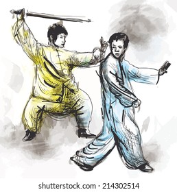 An hand drawn illustration (converted into vector) from series Martial Arts: TAIJI (Tai Chi). Is an internal Chinese martial art practiced for both its defense training and its health benefits.