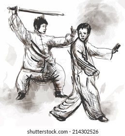 An hand drawn illustration (converted into vector) from series Martial Arts: TAIJI (Tai Chi). Is an internal Chinese martial art practiced for both its defense training and its health benefits.