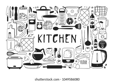 Hand drawn illustration cooking tools and dishes. Creative ink art work. Actual vector drawing. Kitchen set