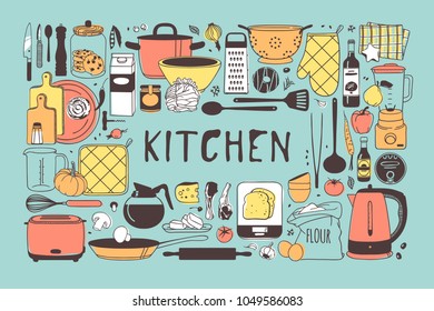 Hand drawn illustration cooking tools and dishes. Creative ink art work. Actual vector drawing. Kitchen set