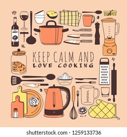 Hand drawn illustration cooking tools, dishes, food and quote. Creative ink art work. Actual vector drawing. Kitchen set and text KEEP CALM AND LOVE COOKING
