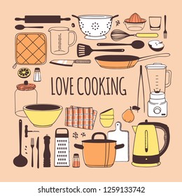 Hand drawn illustration cooking tools, dishes, food and quote. Creative ink art work. Actual vector drawing. Kitchen set and text LOVE COOKING