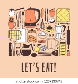 Hand drawn illustration cooking tools, dishes, food and quote. Creative ink art work. Actual vector drawing. Kitchen set and text LET'S EAT